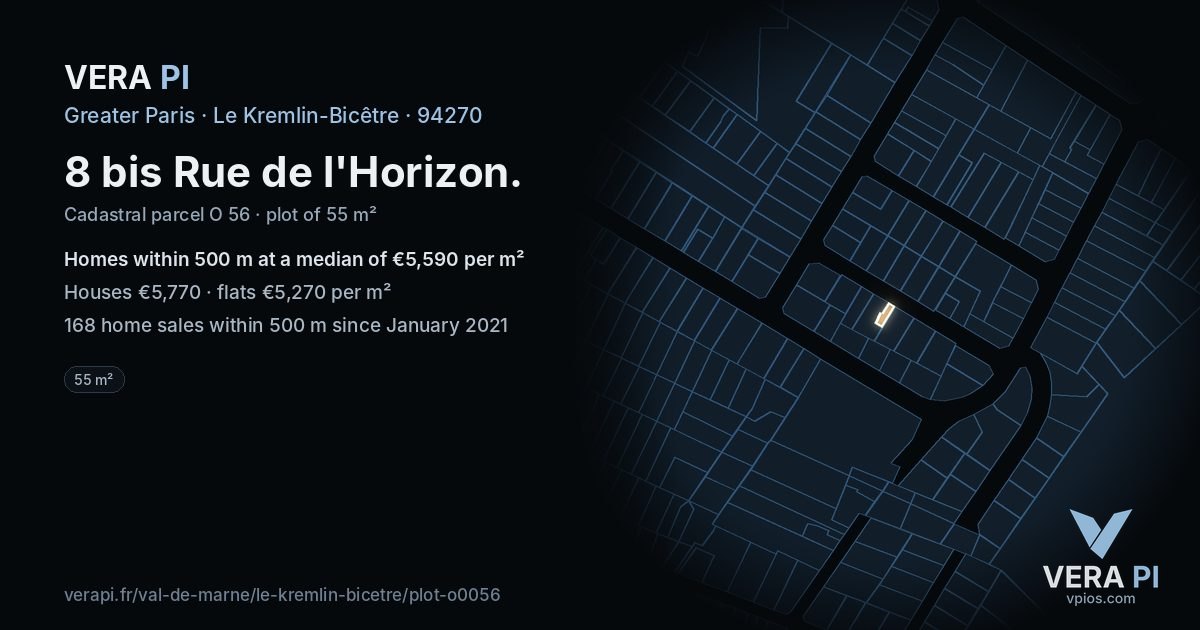 8 bis Rue de l'Horizon, Le Kremlin-Bicêtre at night – the plot lit, the parcels around coloured by the prices near them