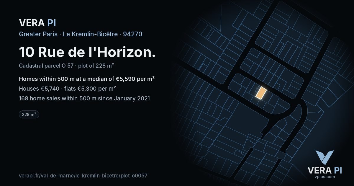 10 Rue de l'Horizon, Le Kremlin-Bicêtre at night – the plot lit, the parcels around coloured by the prices near them