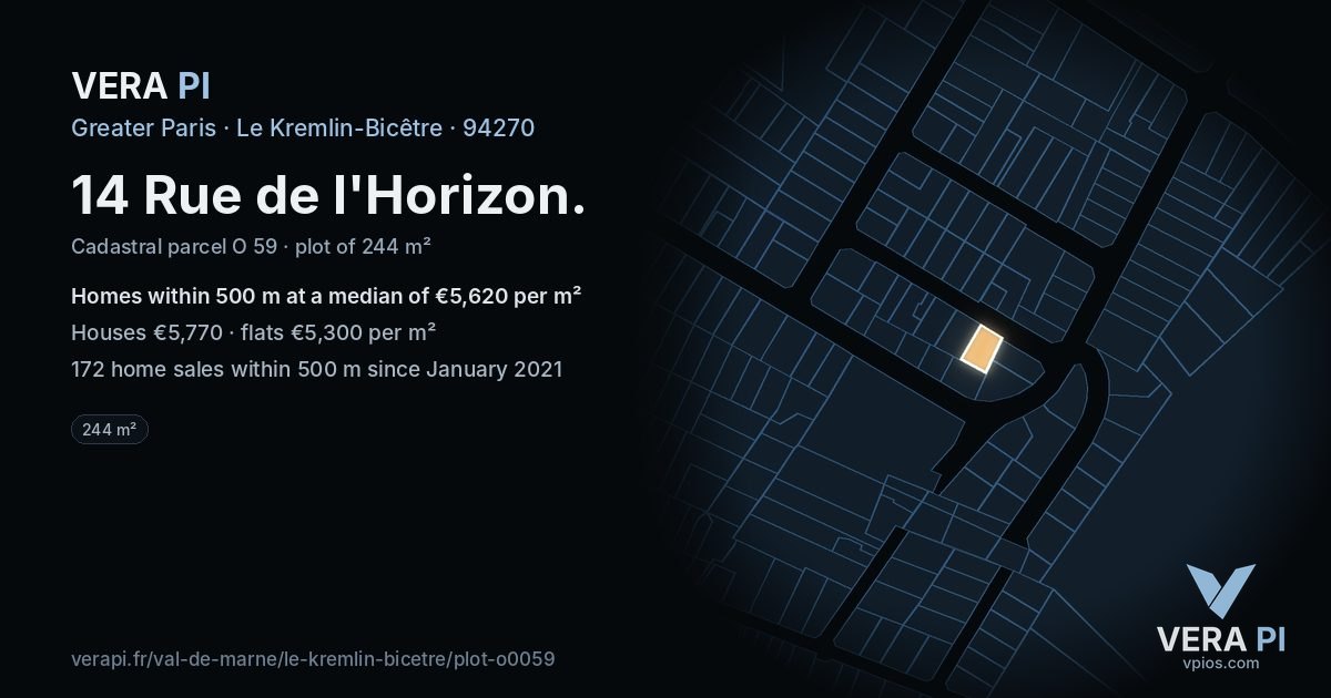 14 Rue de l'Horizon, Le Kremlin-Bicêtre at night – the plot lit, the parcels around coloured by the prices near them