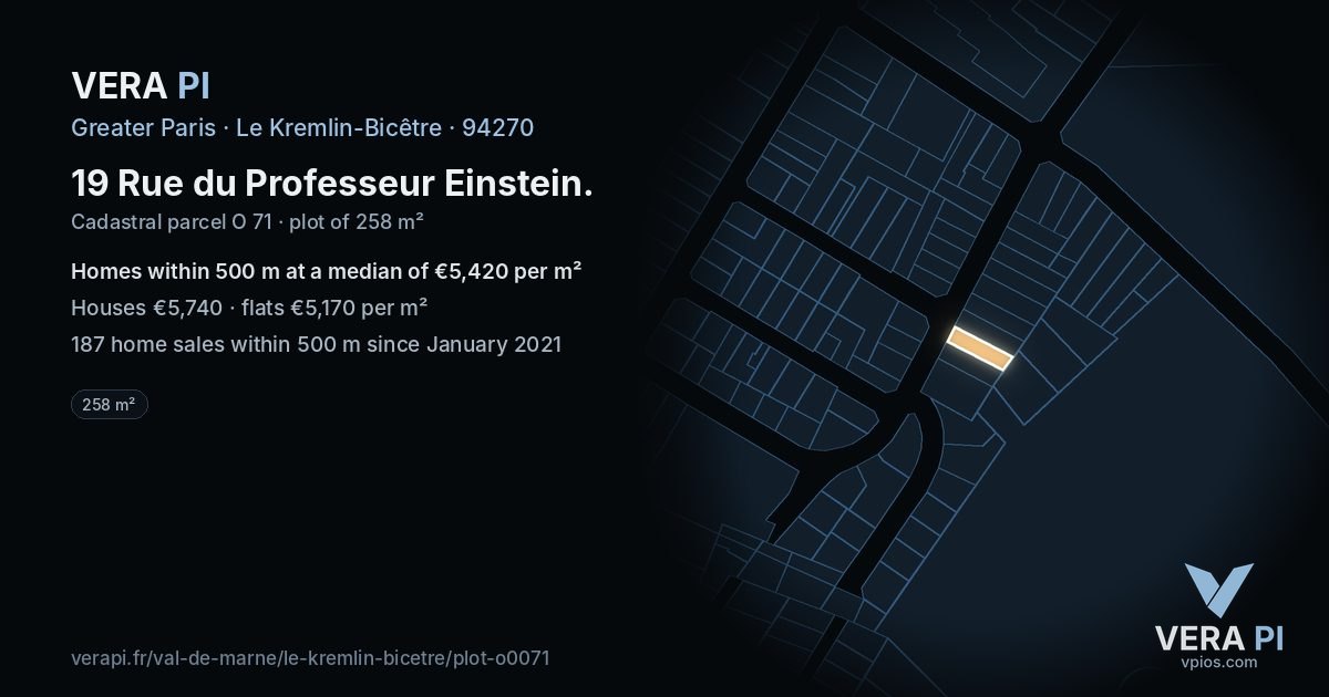 19 Rue du Professeur Einstein, Le Kremlin-Bicêtre at night – the plot lit, the parcels around coloured by the prices near them