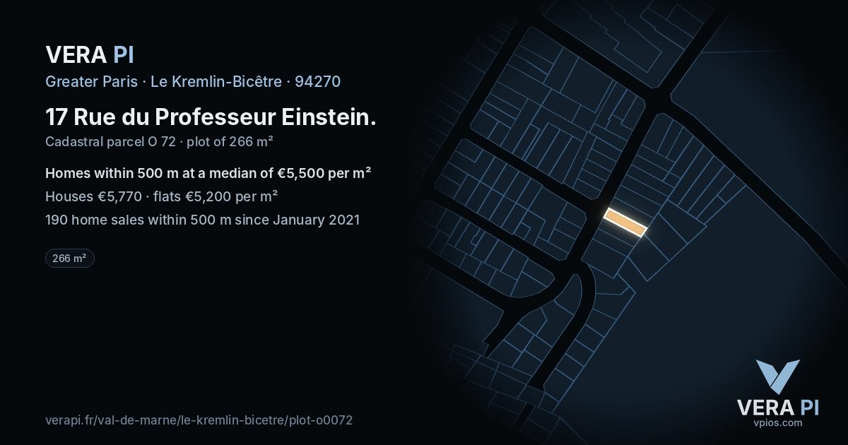 17 Rue du Professeur Einstein, Le Kremlin-Bicêtre at night – the plot lit, the parcels around coloured by the prices near them