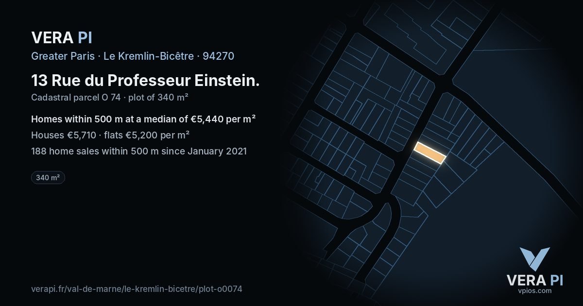 13 Rue du Professeur Einstein, Le Kremlin-Bicêtre at night – the plot lit, the parcels around coloured by the prices near them