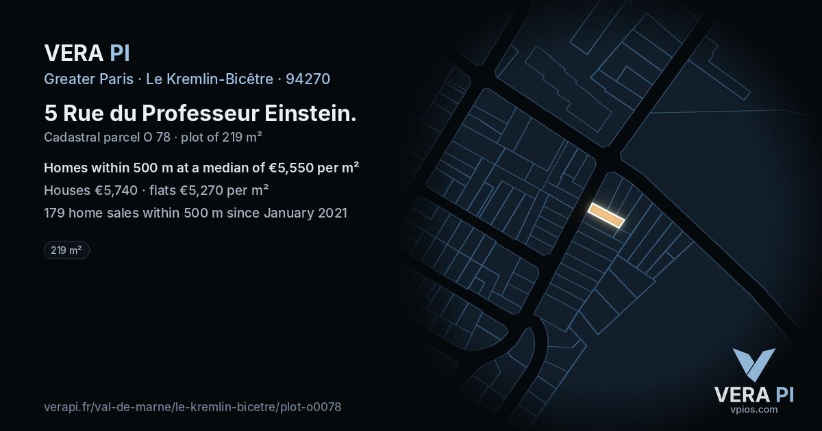 5 Rue du Professeur Einstein, Le Kremlin-Bicêtre at night – the plot lit, the parcels around coloured by the prices near them