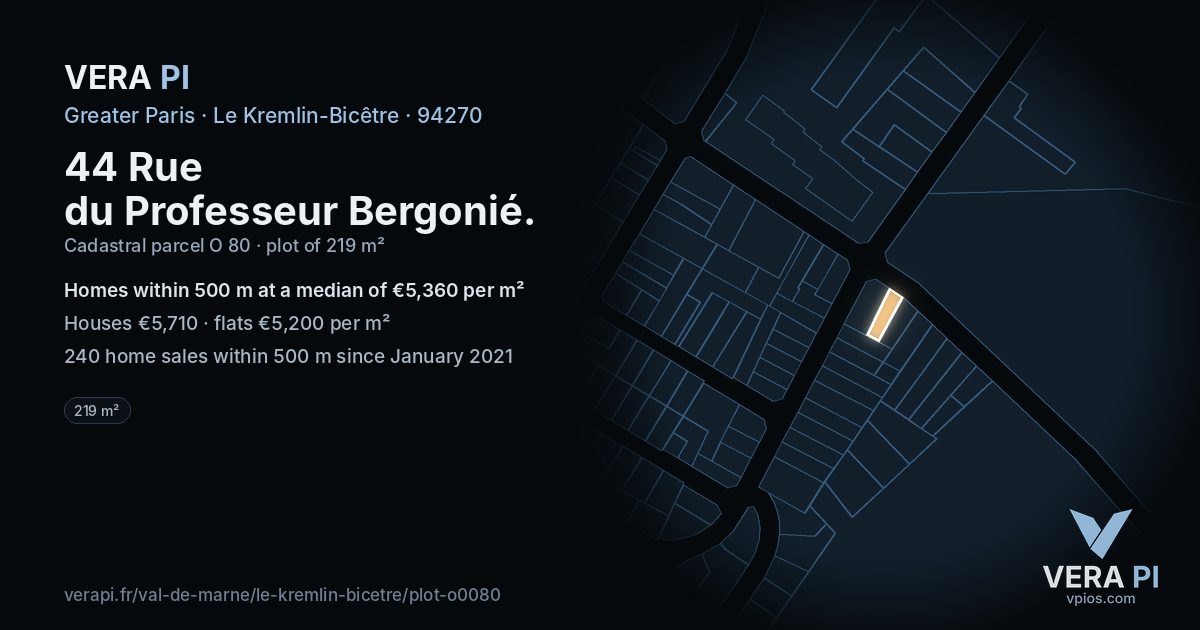 44 Rue du Professeur Bergonié, Le Kremlin-Bicêtre at night – the plot lit, the parcels around coloured by the prices near them