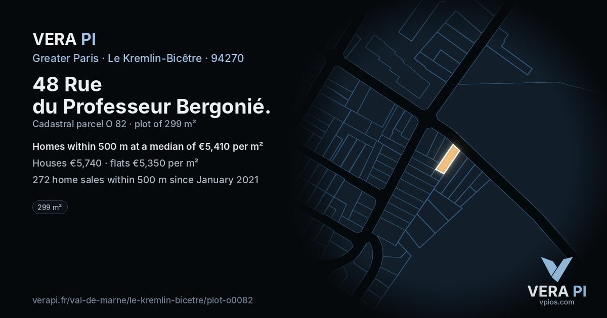48 Rue du Professeur Bergonié, Le Kremlin-Bicêtre at night – the plot lit, the parcels around coloured by the prices near them