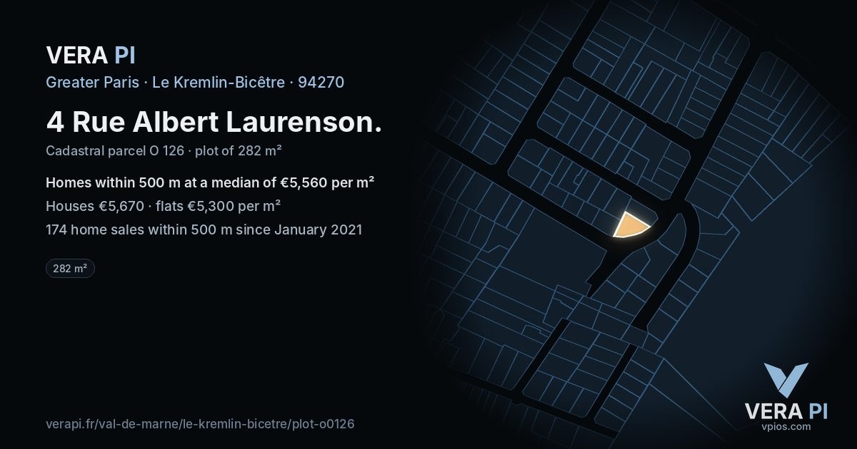 4 Rue Albert Laurenson, Le Kremlin-Bicêtre at night – the plot lit, the parcels around coloured by the prices near them