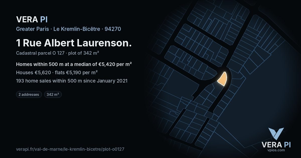 1 Rue Albert Laurenson, Le Kremlin-Bicêtre at night – the plot lit, the parcels around coloured by the prices near them