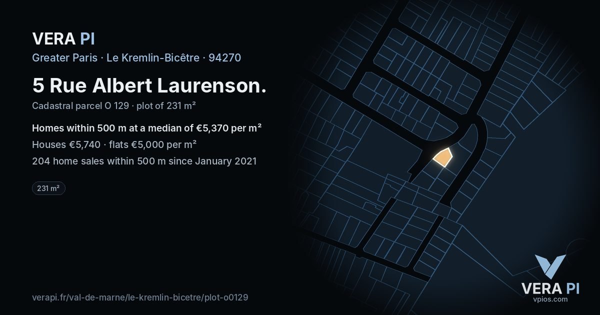 5 Rue Albert Laurenson, Le Kremlin-Bicêtre at night – the plot lit, the parcels around coloured by the prices near them