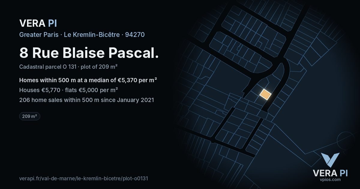 8 Rue Blaise Pascal, Le Kremlin-Bicêtre at night – the plot lit, the parcels around coloured by the prices near them