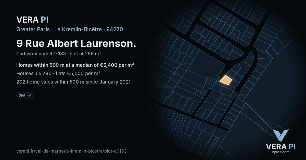 9 Rue Albert Laurenson, Le Kremlin-Bicêtre at night – the plot lit, the parcels around coloured by the prices near them