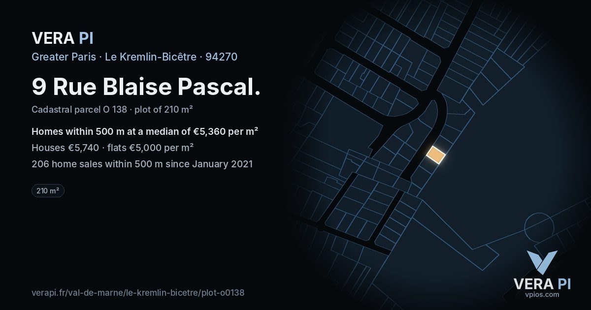 9 Rue Blaise Pascal, Le Kremlin-Bicêtre at night – the plot lit, the parcels around coloured by the prices near them