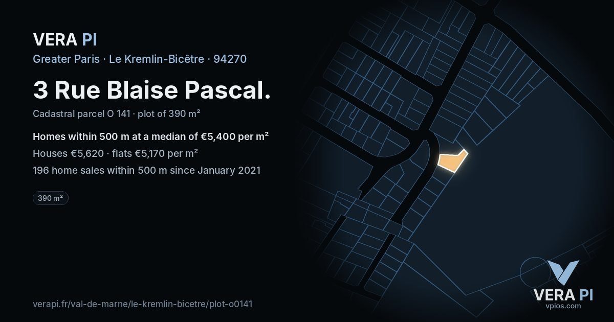 3 Rue Blaise Pascal, Le Kremlin-Bicêtre at night – the plot lit, the parcels around coloured by the prices near them