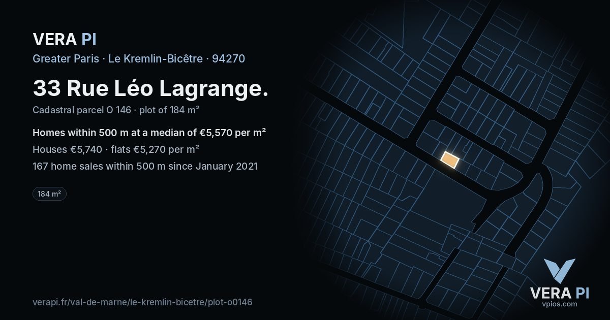 33 Rue Léo Lagrange, Le Kremlin-Bicêtre at night – the plot lit, the parcels around coloured by the prices near them