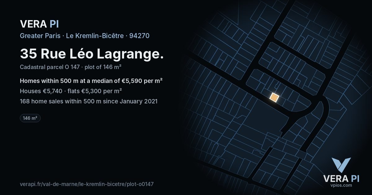 35 Rue Léo Lagrange, Le Kremlin-Bicêtre at night – the plot lit, the parcels around coloured by the prices near them