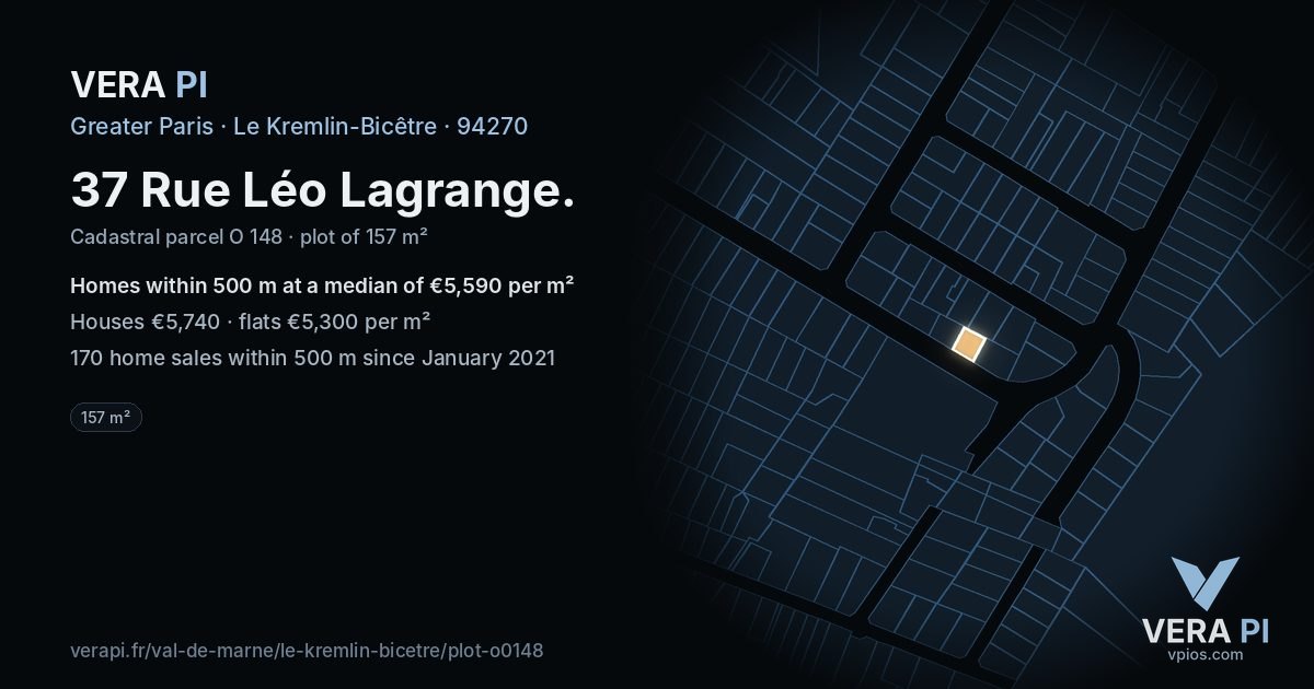37 Rue Léo Lagrange, Le Kremlin-Bicêtre at night – the plot lit, the parcels around coloured by the prices near them