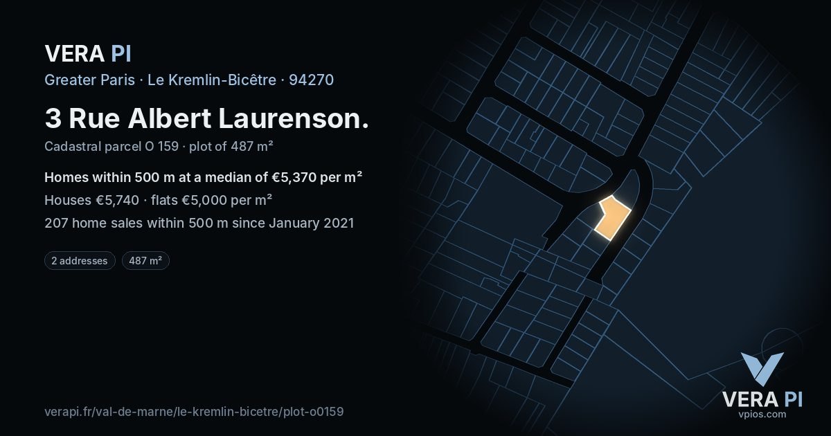 3 Rue Albert Laurenson, Le Kremlin-Bicêtre at night – the plot lit, the parcels around coloured by the prices near them