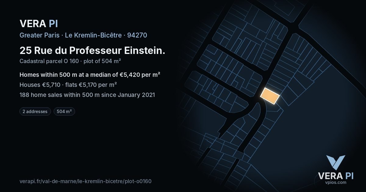 25 Rue du Professeur Einstein, Le Kremlin-Bicêtre at night – the plot lit, the parcels around coloured by the prices near them