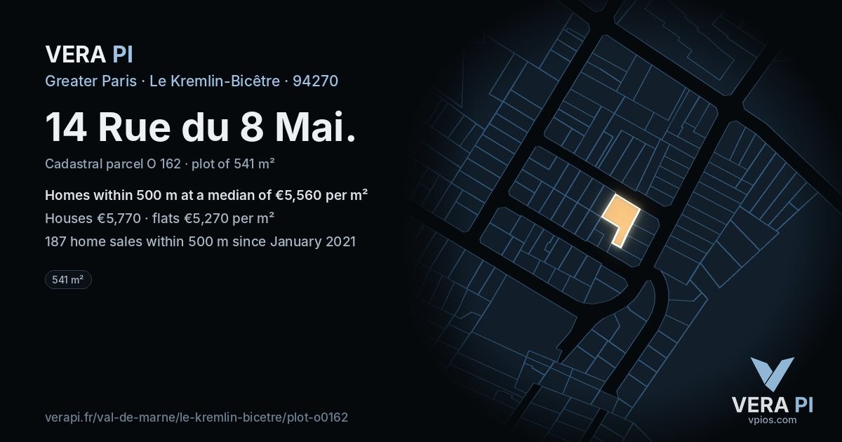 14 Rue du 8 Mai, Le Kremlin-Bicêtre at night – the plot lit, the parcels around coloured by the prices near them