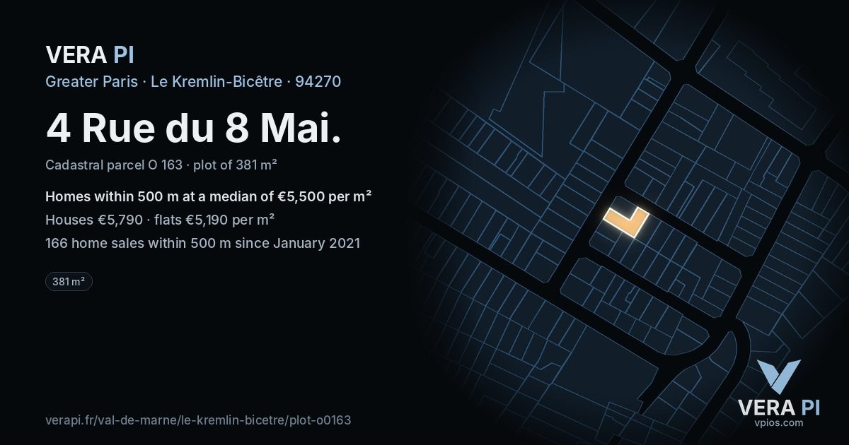 4 Rue du 8 Mai, Le Kremlin-Bicêtre at night – the plot lit, the parcels around coloured by the prices near them
