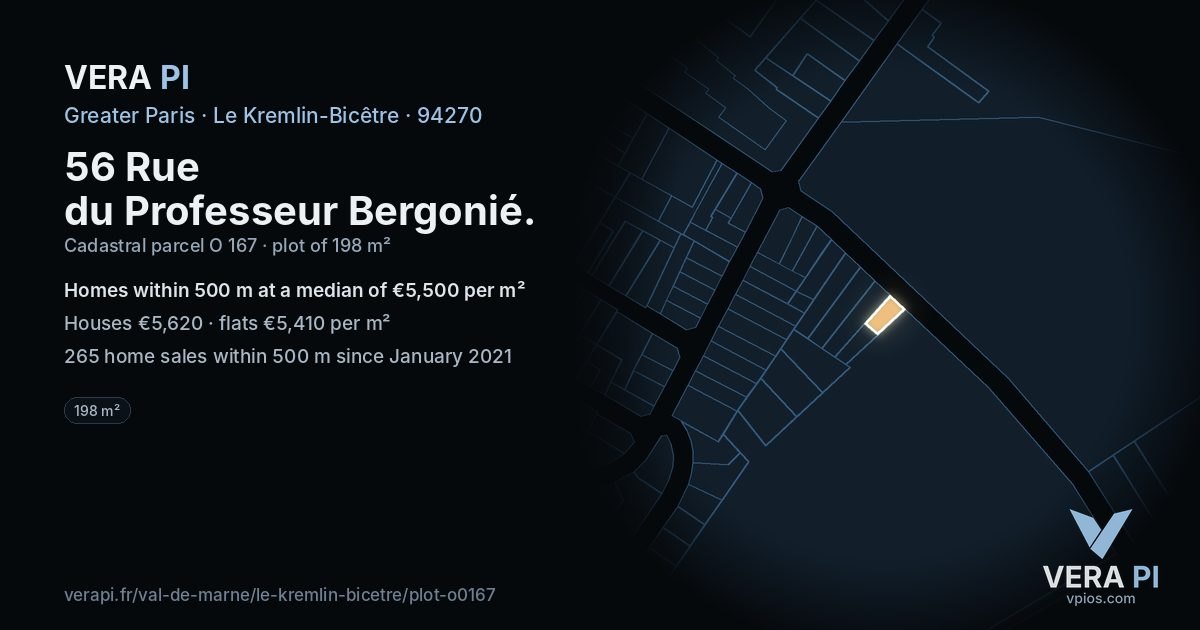 56 Rue du Professeur Bergonié, Le Kremlin-Bicêtre at night – the plot lit, the parcels around coloured by the prices near them