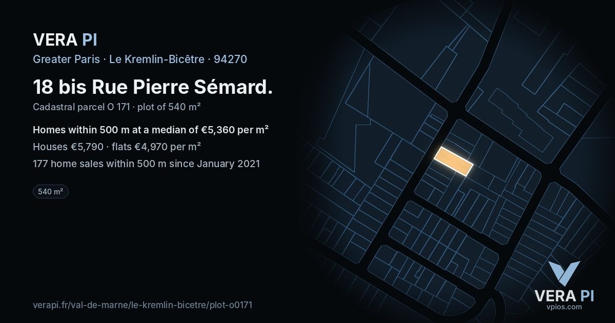 18 bis Rue Pierre Sémard, Le Kremlin-Bicêtre at night – the plot lit, the parcels around coloured by the prices near them