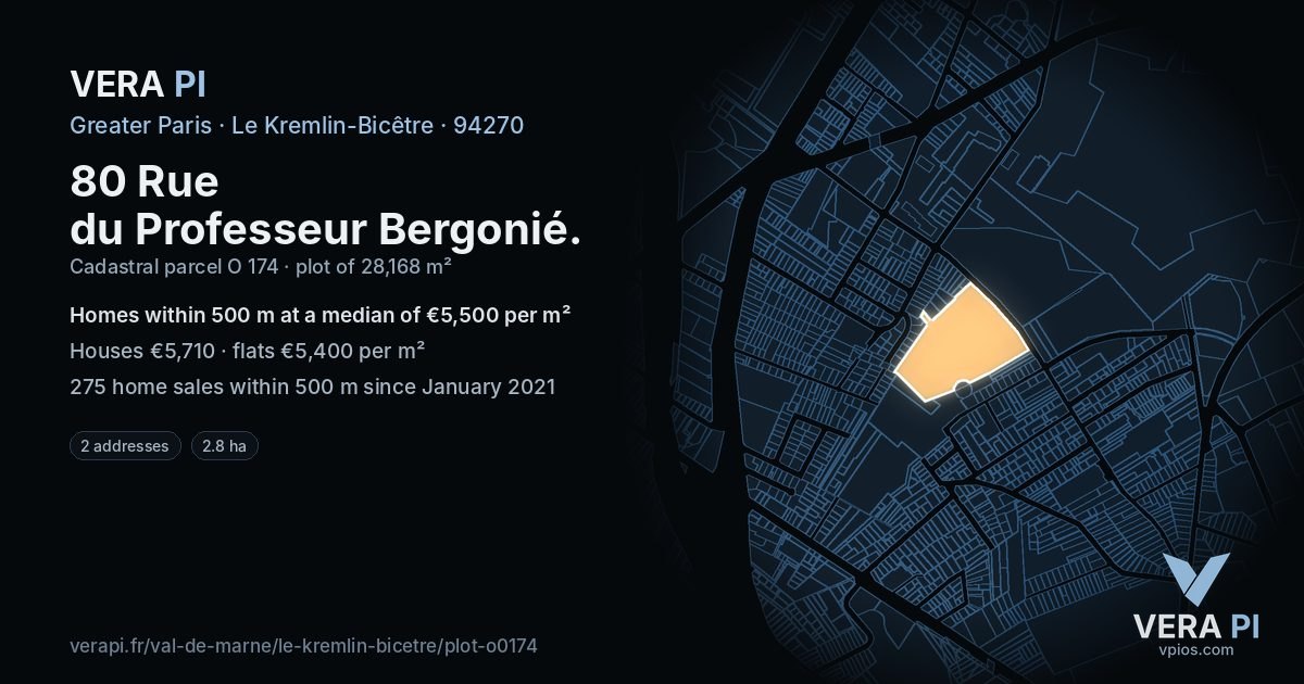 80 Rue du Professeur Bergonié, Le Kremlin-Bicêtre at night – the plot lit, the parcels around coloured by the prices near them