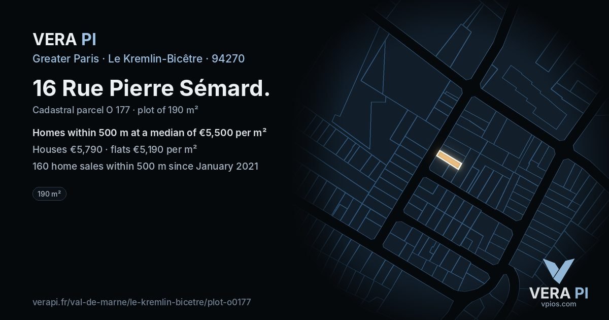 16 Rue Pierre Sémard, Le Kremlin-Bicêtre at night – the plot lit, the parcels around coloured by the prices near them