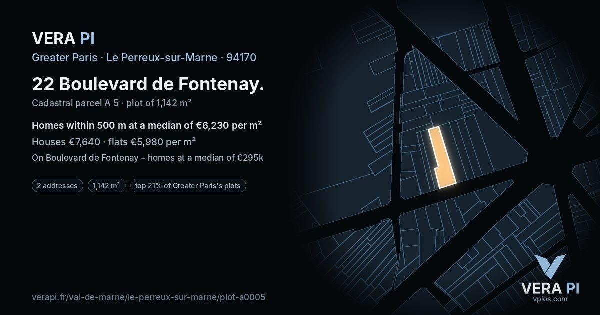22 Boulevard de Fontenay, Le Perreux-sur-Marne at night – the plot lit, the parcels around coloured by the prices near them