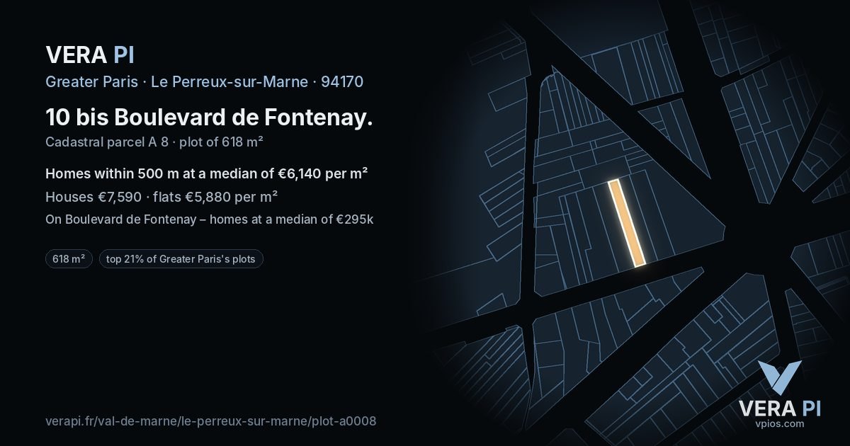10 bis Boulevard de Fontenay, Le Perreux-sur-Marne at night – the plot lit, the parcels around coloured by the prices near them