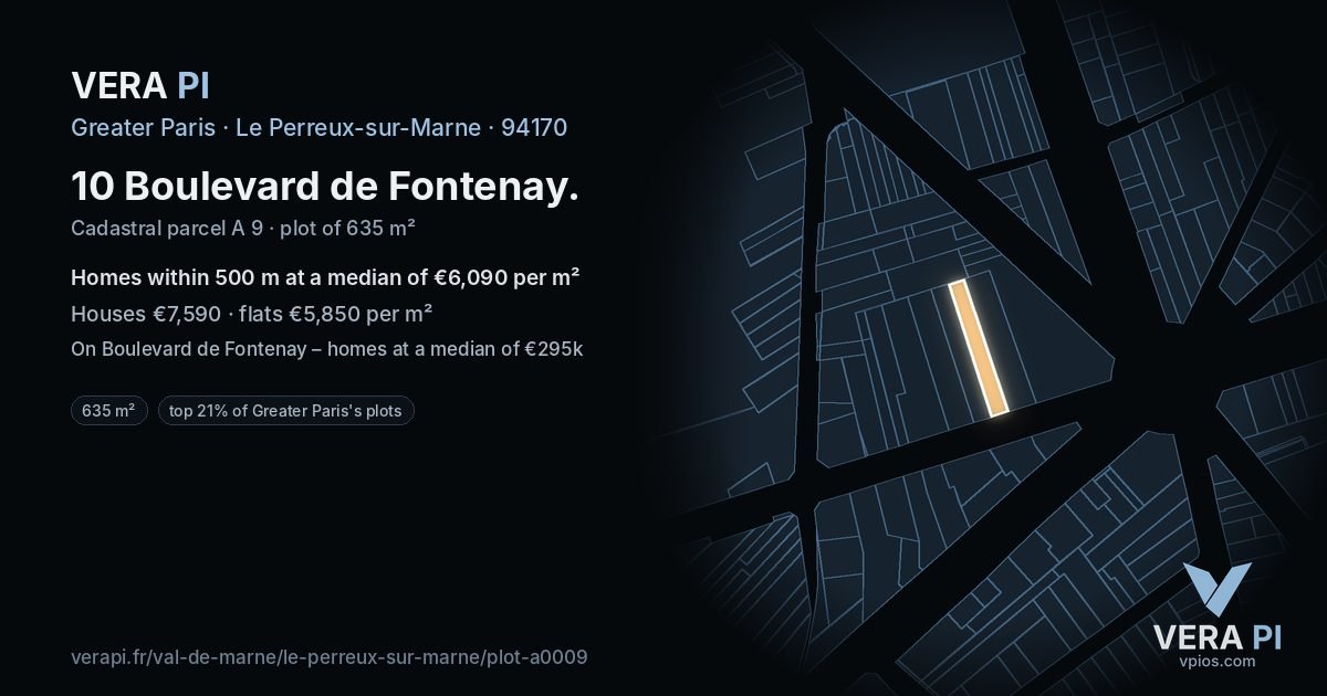10 Boulevard de Fontenay, Le Perreux-sur-Marne at night – the plot lit, the parcels around coloured by the prices near them