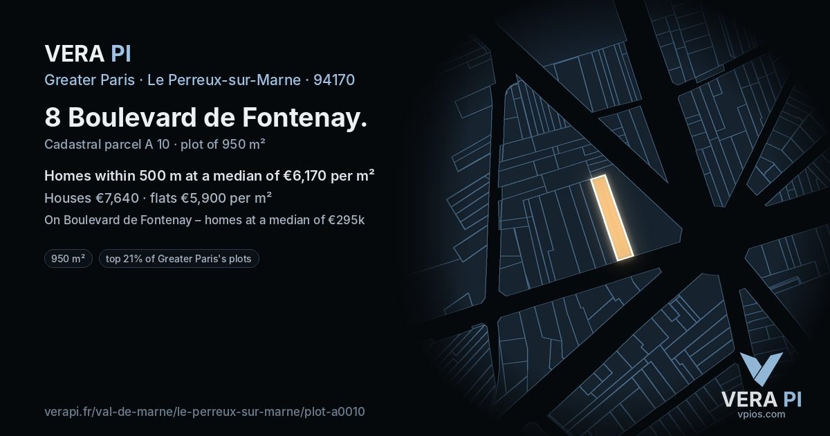 8 Boulevard de Fontenay, Le Perreux-sur-Marne at night – the plot lit, the parcels around coloured by the prices near them