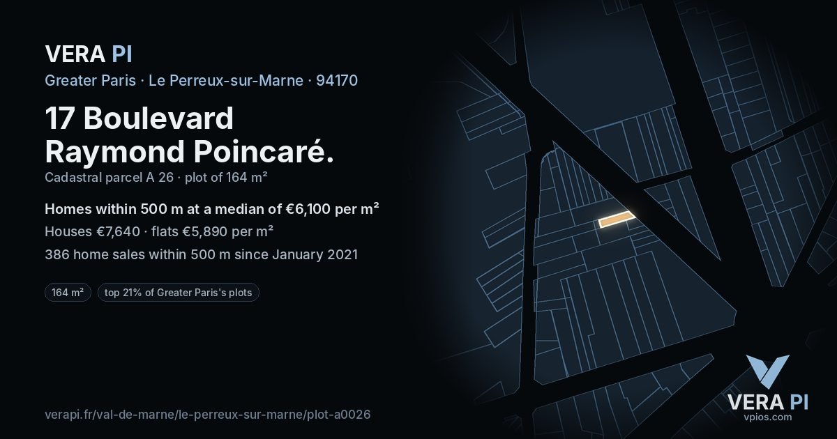 17 Boulevard Raymond Poincaré, Le Perreux-sur-Marne at night – the plot lit, the parcels around coloured by the prices near them