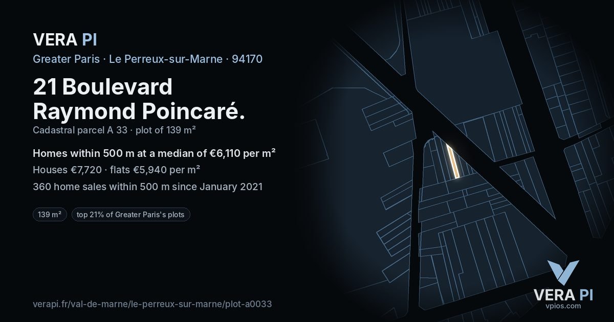 21 Boulevard Raymond Poincaré, Le Perreux-sur-Marne at night – the plot lit, the parcels around coloured by the prices near them