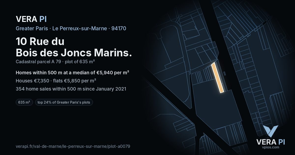 10 Rue du Bois des Joncs Marins, Le Perreux-sur-Marne at night – the plot lit, the parcels around coloured by the prices near them