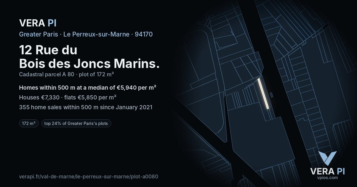 12 Rue du Bois des Joncs Marins, Le Perreux-sur-Marne at night – the plot lit, the parcels around coloured by the prices near them