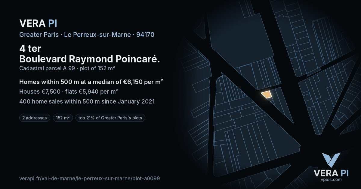 4 ter Boulevard Raymond Poincaré, Le Perreux-sur-Marne at night – the plot lit, the parcels around coloured by the prices near them