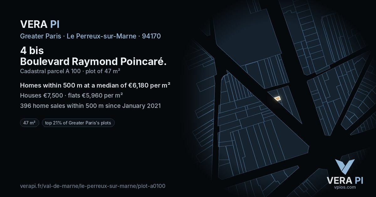 4 bis Boulevard Raymond Poincaré, Le Perreux-sur-Marne at night – the plot lit, the parcels around coloured by the prices near them