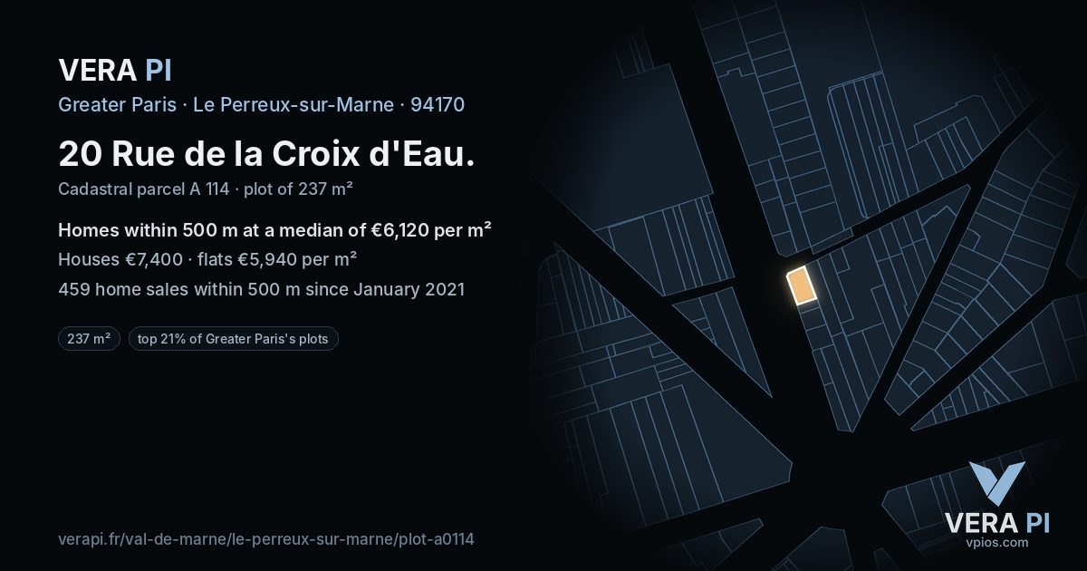 20 Rue de la Croix d'Eau, Le Perreux-sur-Marne at night – the plot lit, the parcels around coloured by the prices near them