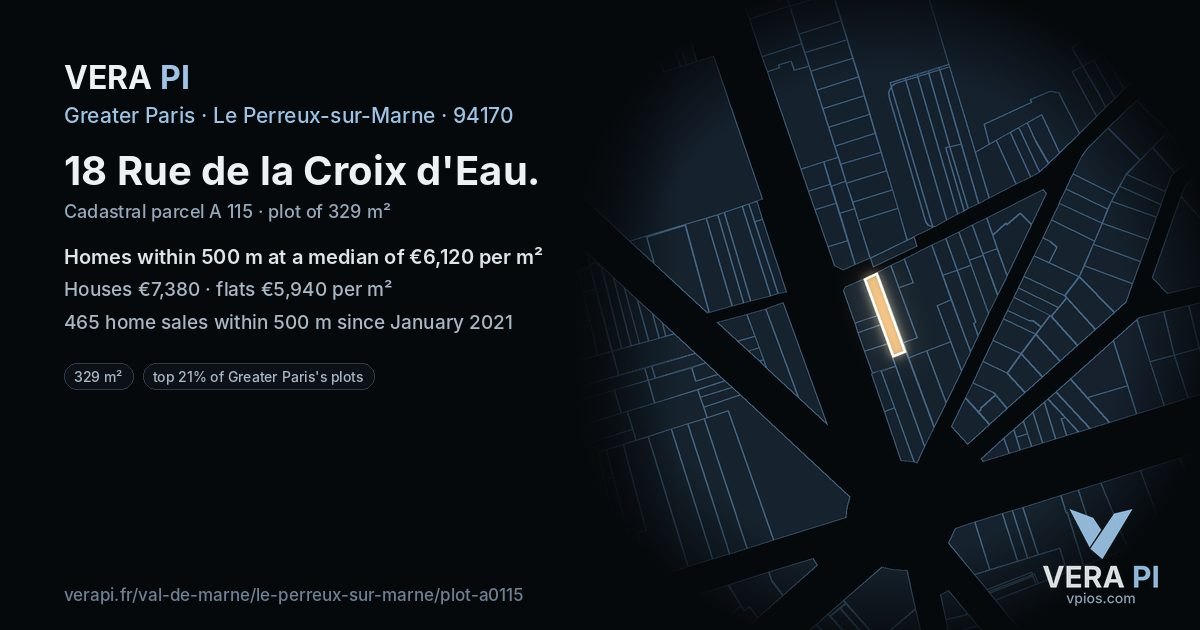 18 Rue de la Croix d'Eau, Le Perreux-sur-Marne at night – the plot lit, the parcels around coloured by the prices near them