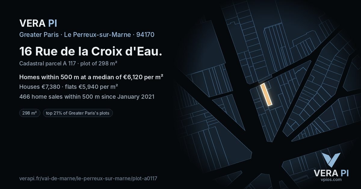 16 Rue de la Croix d'Eau, Le Perreux-sur-Marne at night – the plot lit, the parcels around coloured by the prices near them