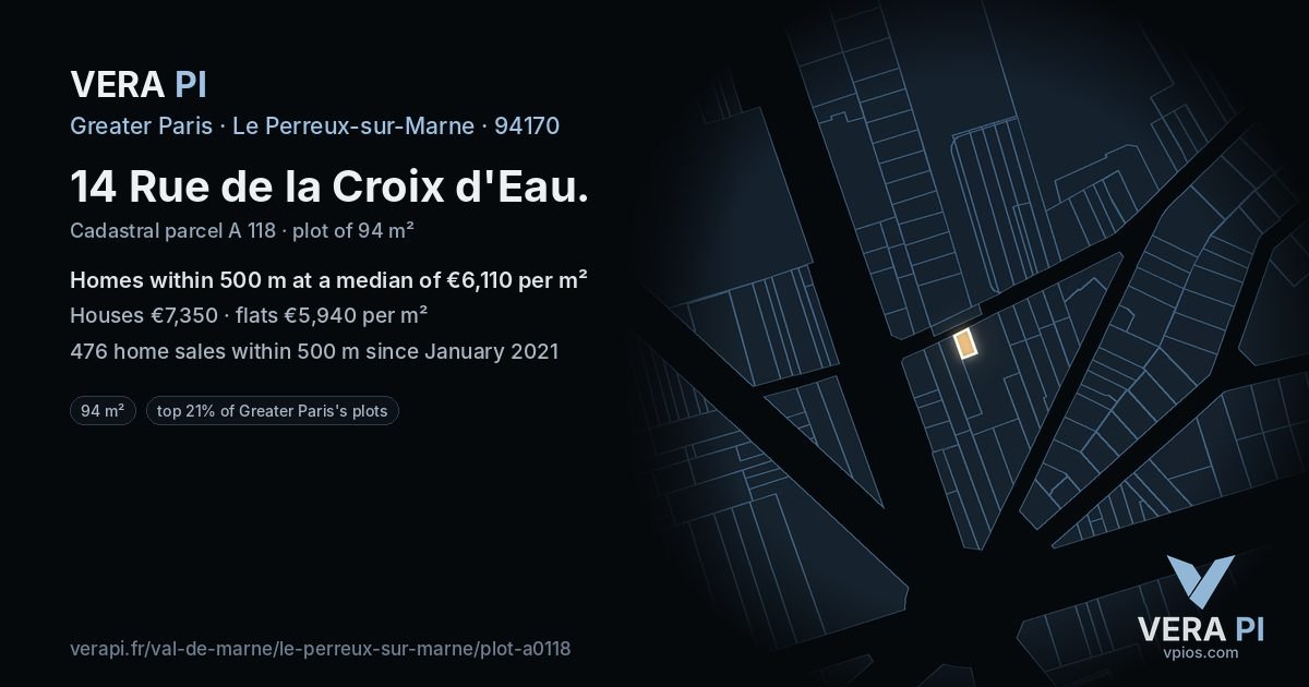 14 Rue de la Croix d'Eau, Le Perreux-sur-Marne at night – the plot lit, the parcels around coloured by the prices near them