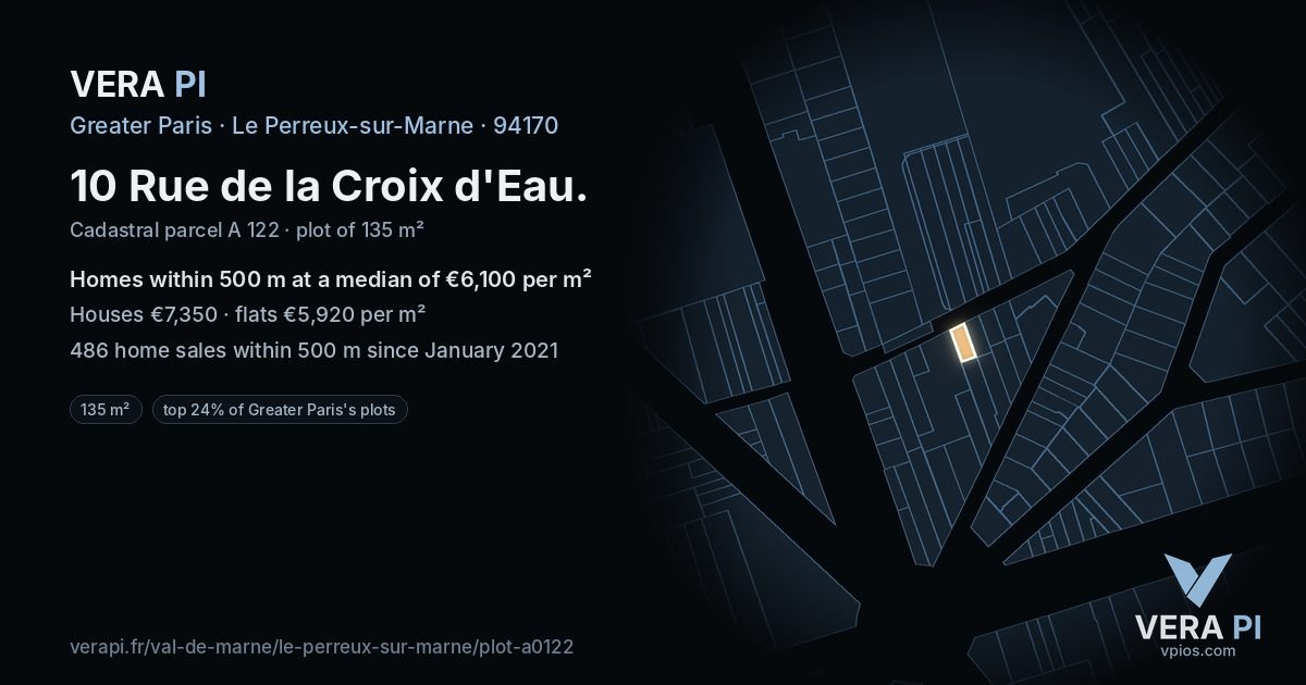 10 Rue de la Croix d'Eau, Le Perreux-sur-Marne at night – the plot lit, the parcels around coloured by the prices near them
