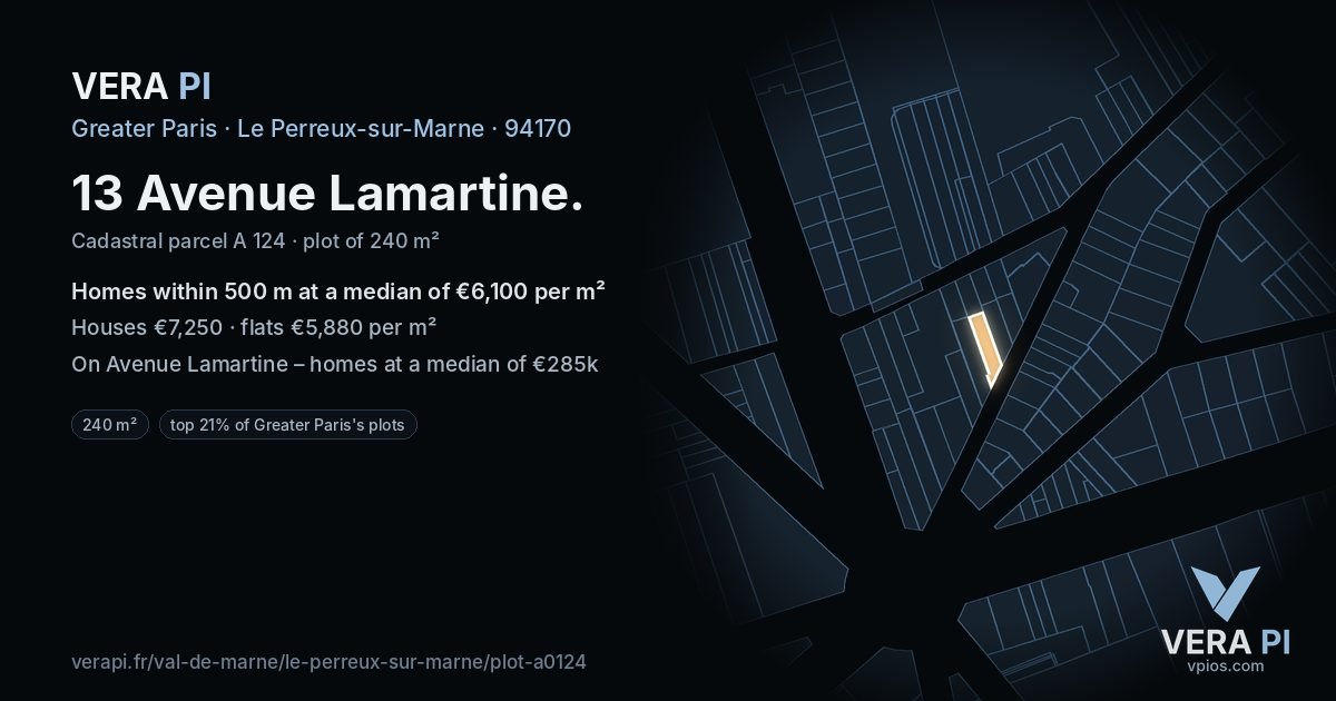 13 Avenue Lamartine, Le Perreux-sur-Marne at night – the plot lit, the parcels around coloured by the prices near them