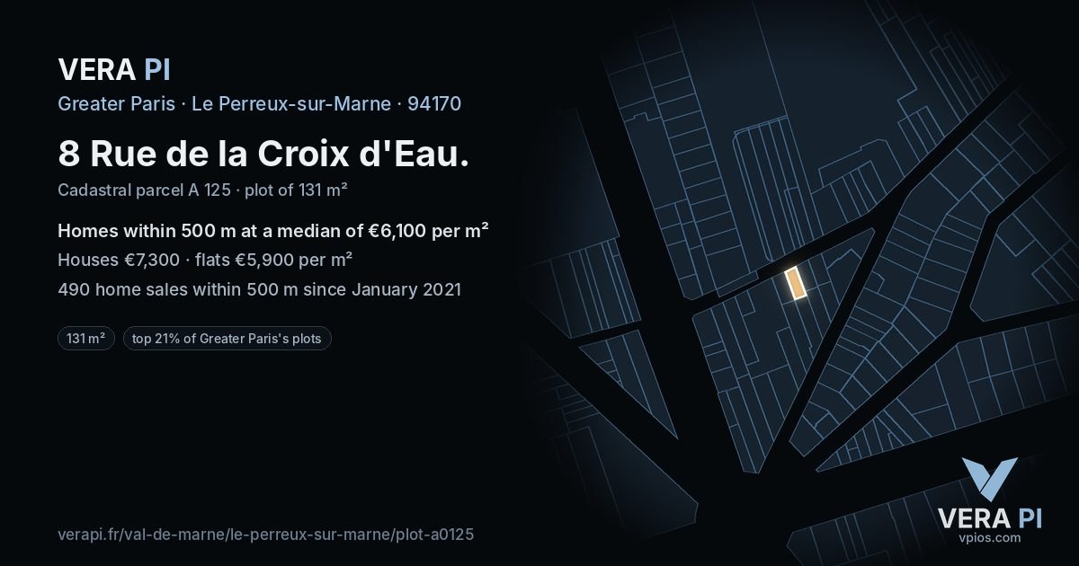 8 Rue de la Croix d'Eau, Le Perreux-sur-Marne at night – the plot lit, the parcels around coloured by the prices near them