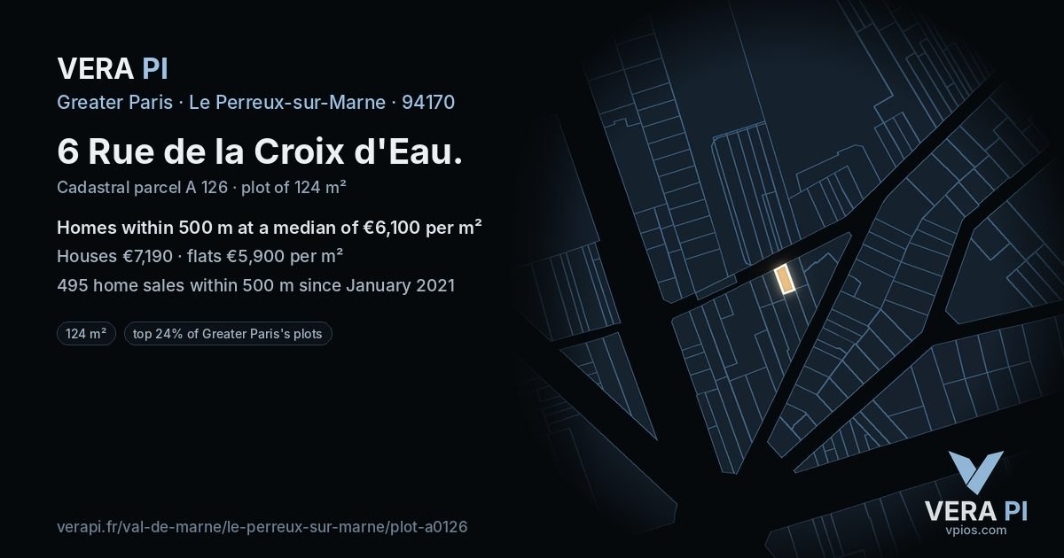 6 Rue de la Croix d'Eau, Le Perreux-sur-Marne at night – the plot lit, the parcels around coloured by the prices near them
