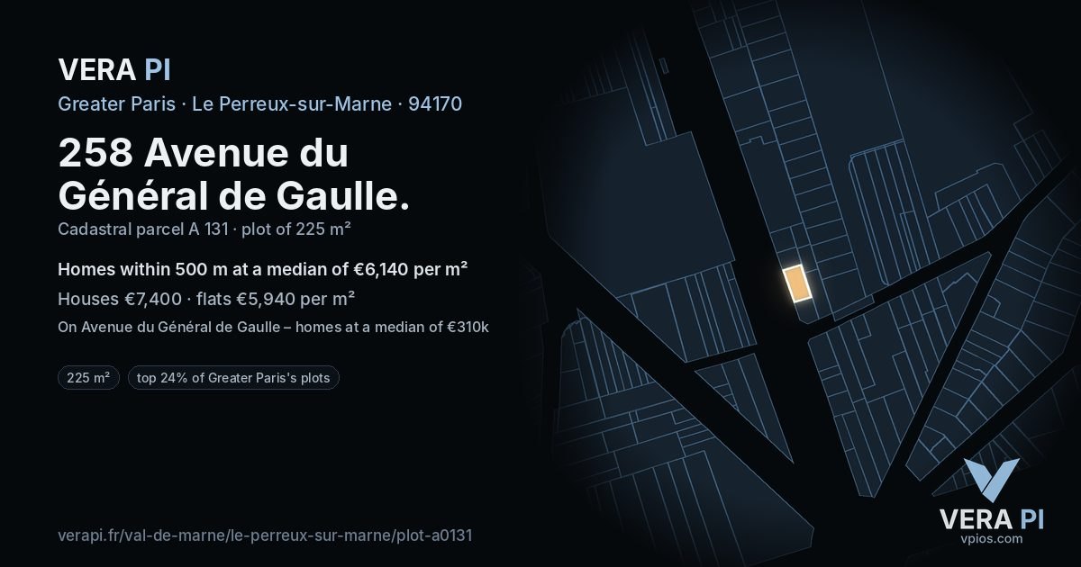 258 Avenue du Général de Gaulle, Le Perreux-sur-Marne at night – the plot lit, the parcels around coloured by the prices near them