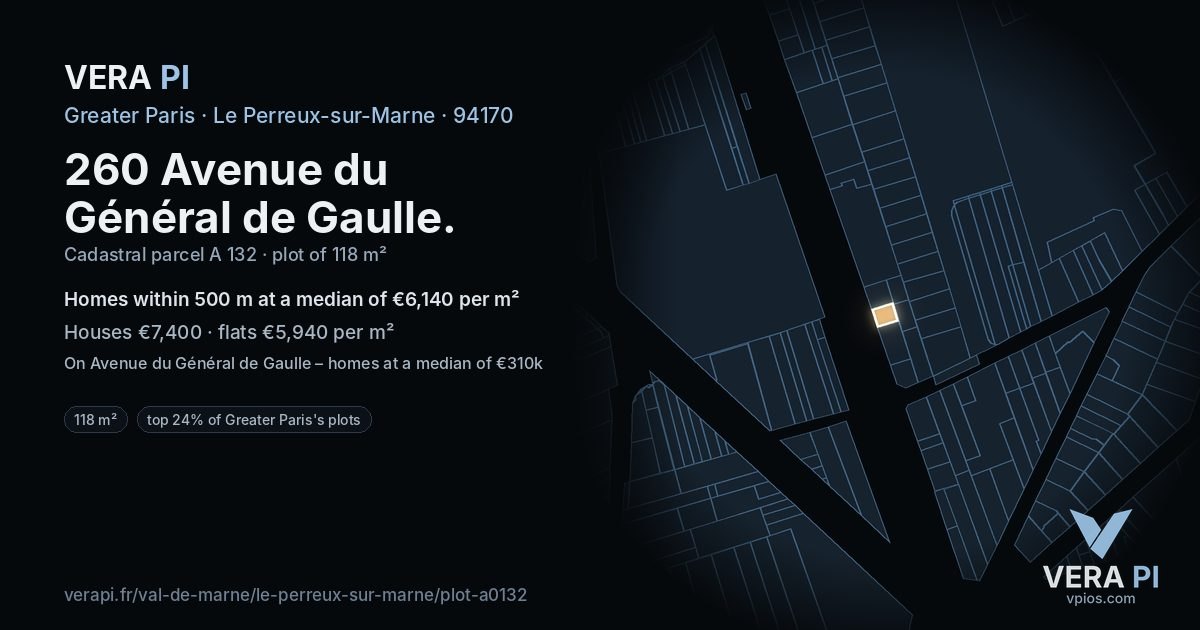 260 Avenue du Général de Gaulle, Le Perreux-sur-Marne at night – the plot lit, the parcels around coloured by the prices near them