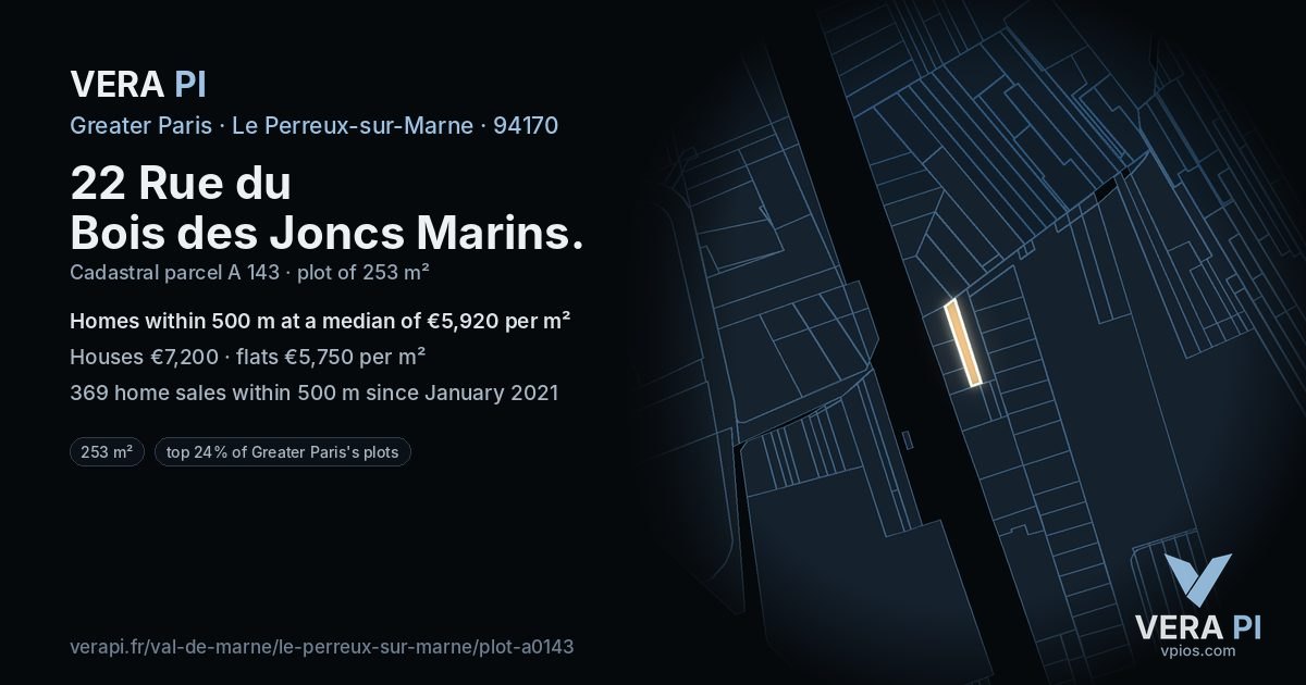 22 Rue du Bois des Joncs Marins, Le Perreux-sur-Marne at night – the plot lit, the parcels around coloured by the prices near them