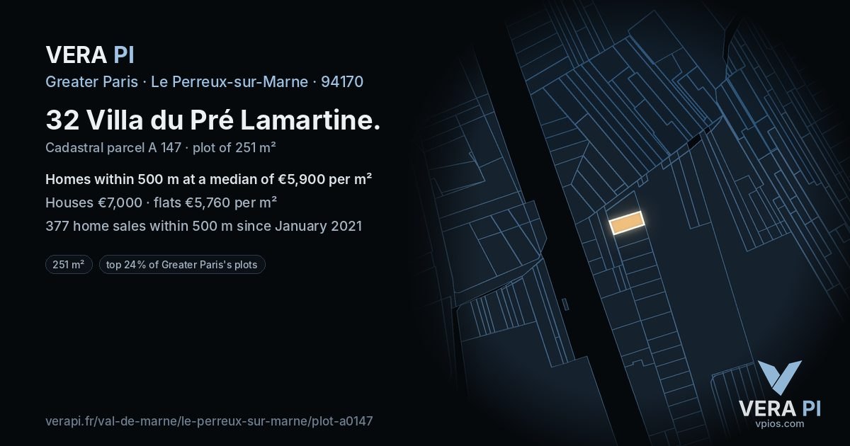 32 Villa du Pré Lamartine, Le Perreux-sur-Marne at night – the plot lit, the parcels around coloured by the prices near them
