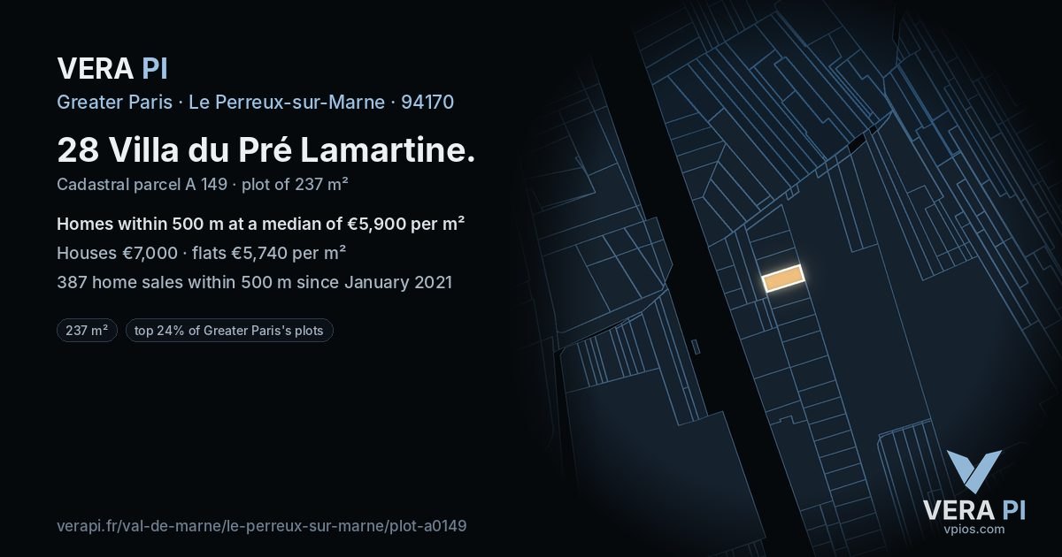 28 Villa du Pré Lamartine, Le Perreux-sur-Marne at night – the plot lit, the parcels around coloured by the prices near them